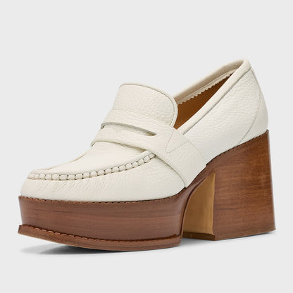 Beige Round Toe Chunky Heel Platform Penny Loafers for Women