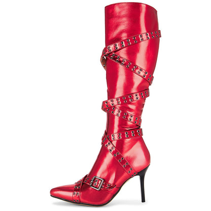 Red Pointed Toe Buckled Grommet Strap Stiletto Knee High Boots