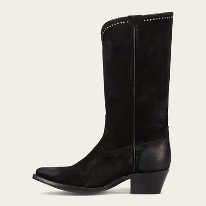 Black Fringe Pointed Toe Chunky Heel Mid Calf Boots with Studs