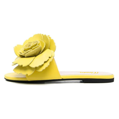 Women's Lemon Yellow Round Toe Flat Mules Sandals with Flower