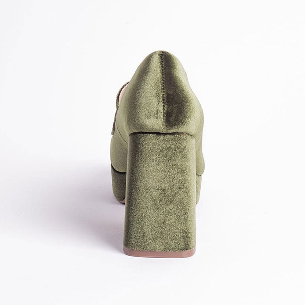 FSJ Olive Velvet Round Toe Block Heeled Loafers with Platform