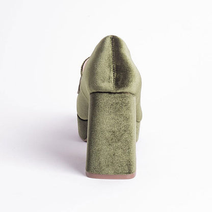 FSJ Olive Velvet Round Toe Block Heeled Loafers with Platform