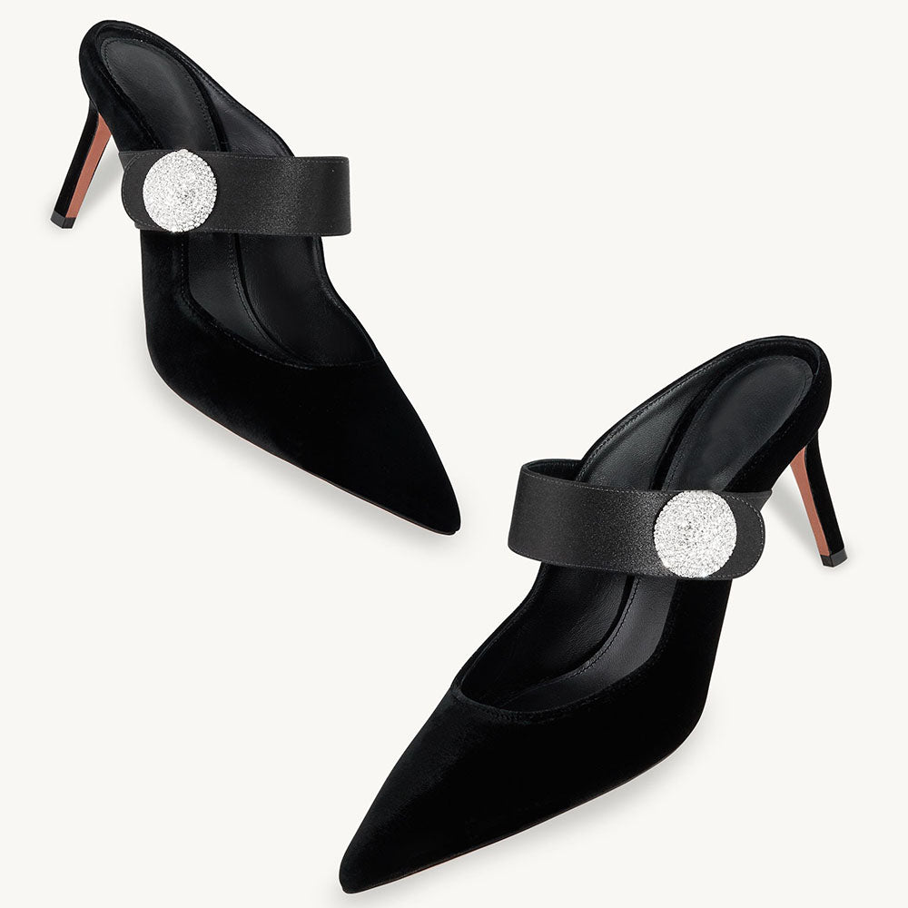 Black & Satin Velvet Pointed Toe Stiletto Heel Mules