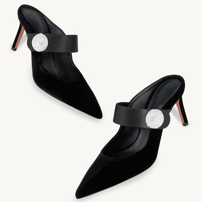 Black & Satin Velvet Pointed Toe Stiletto Heel Mules