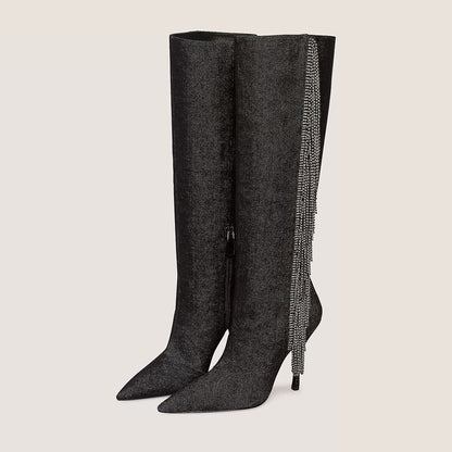 Pointed Toe Zip Rhinestone Fringe Knee High Boots in Dark Grey