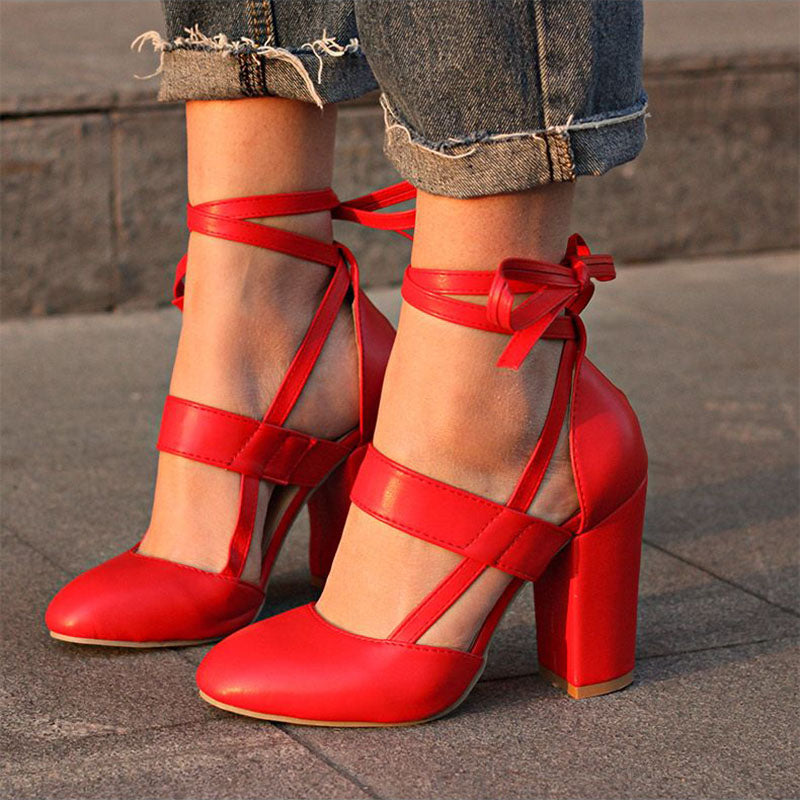 Women's Red Round Toe Ankle Wrap Block Heel Pumps