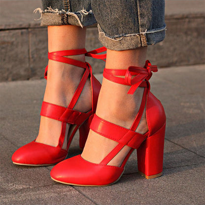 Women's Red Round Toe Ankle Wrap Block Heel Pumps