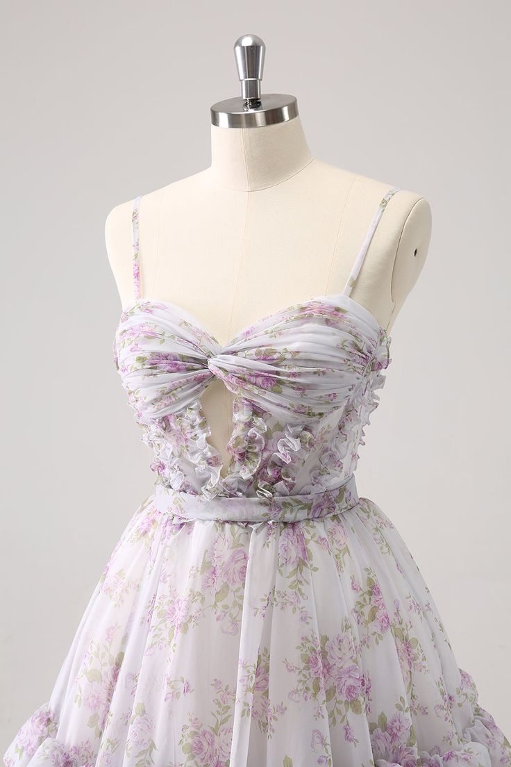 Vintage A-Line Homecoming Dress Spaghetti Straps Ruffled Floral Print Tiered Cocktail Dress TP3390