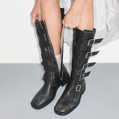 Black Square Toe Multi Buckle Straps Flat Mid Calf Boots with Zipper