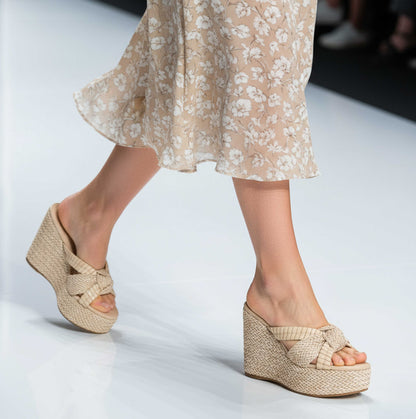 Beige Woven Open Toe Wedge Heel Knot Mules Sandals with Platform
