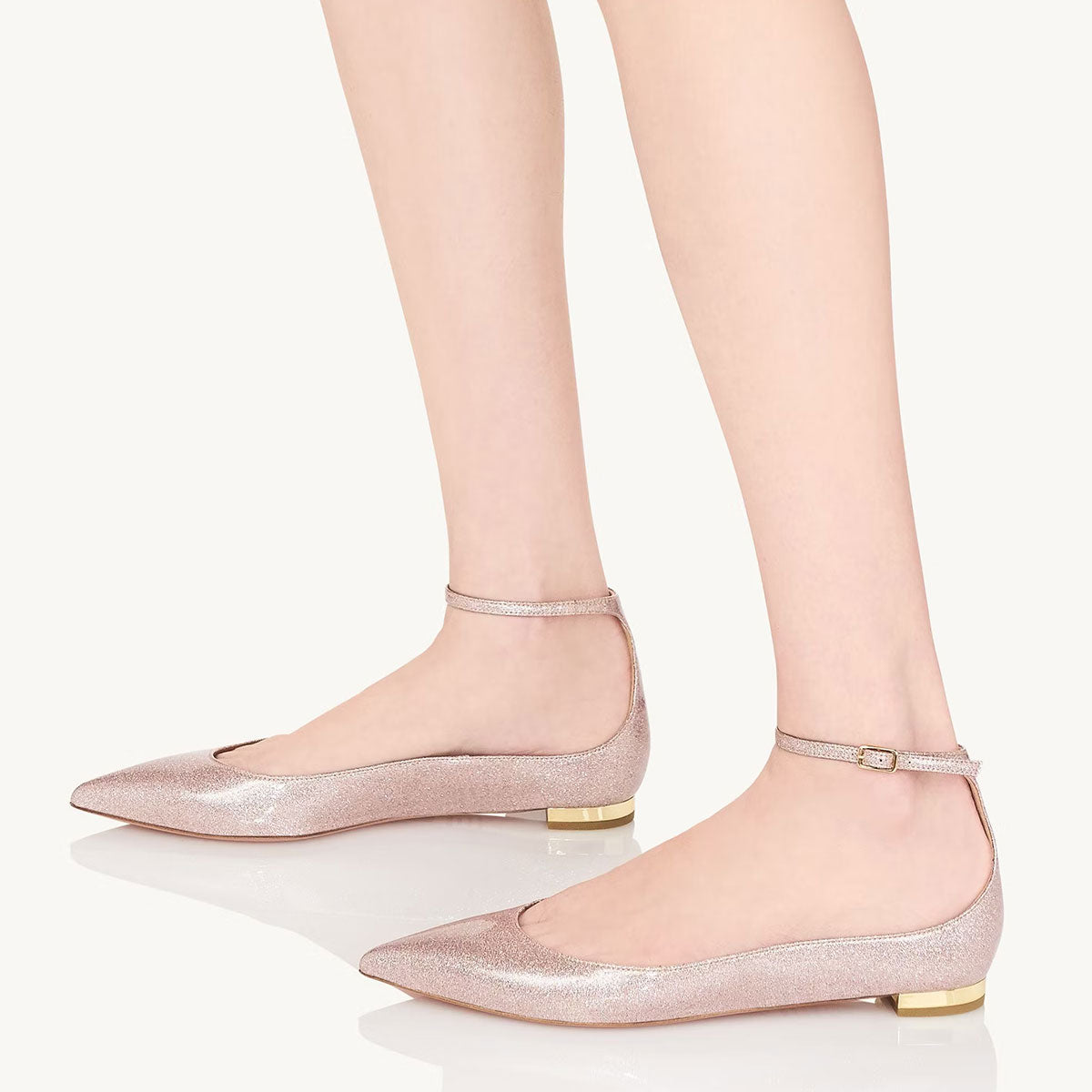 Pink Glitter Pointed Toe Women Dress Flats with Buckle Ankle Strap