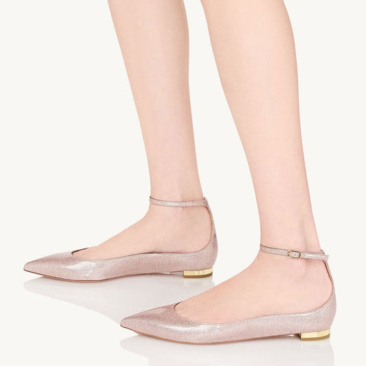 Pink Glitter Pointed Toe Women Dress Flats with Buckle Ankle Strap