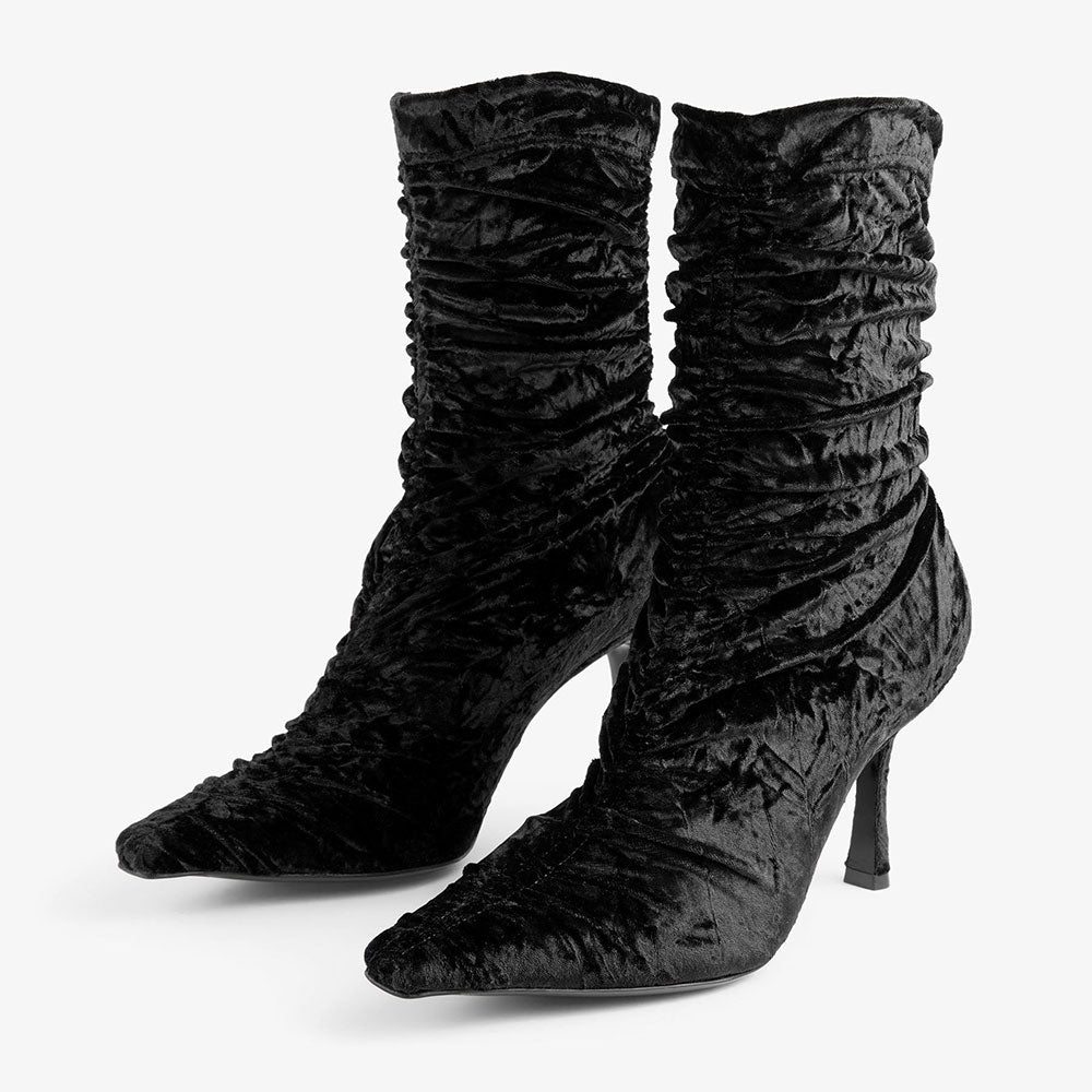 Simple Black Velvet Pointed Toe Spool Heel Pleated Sock Booties