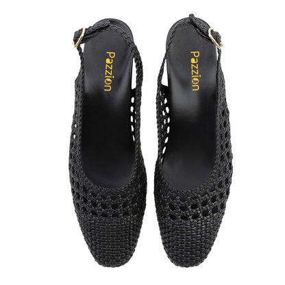 Black Woven Cut Out Square Toe Low Block Heel Buckled Slingback Pumps