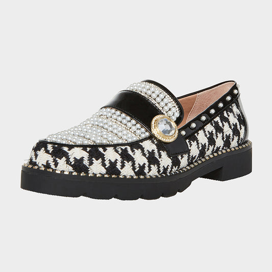 Elegant Houndstooth Flats Round Toe Pearl Rhinestone Women's Loafers