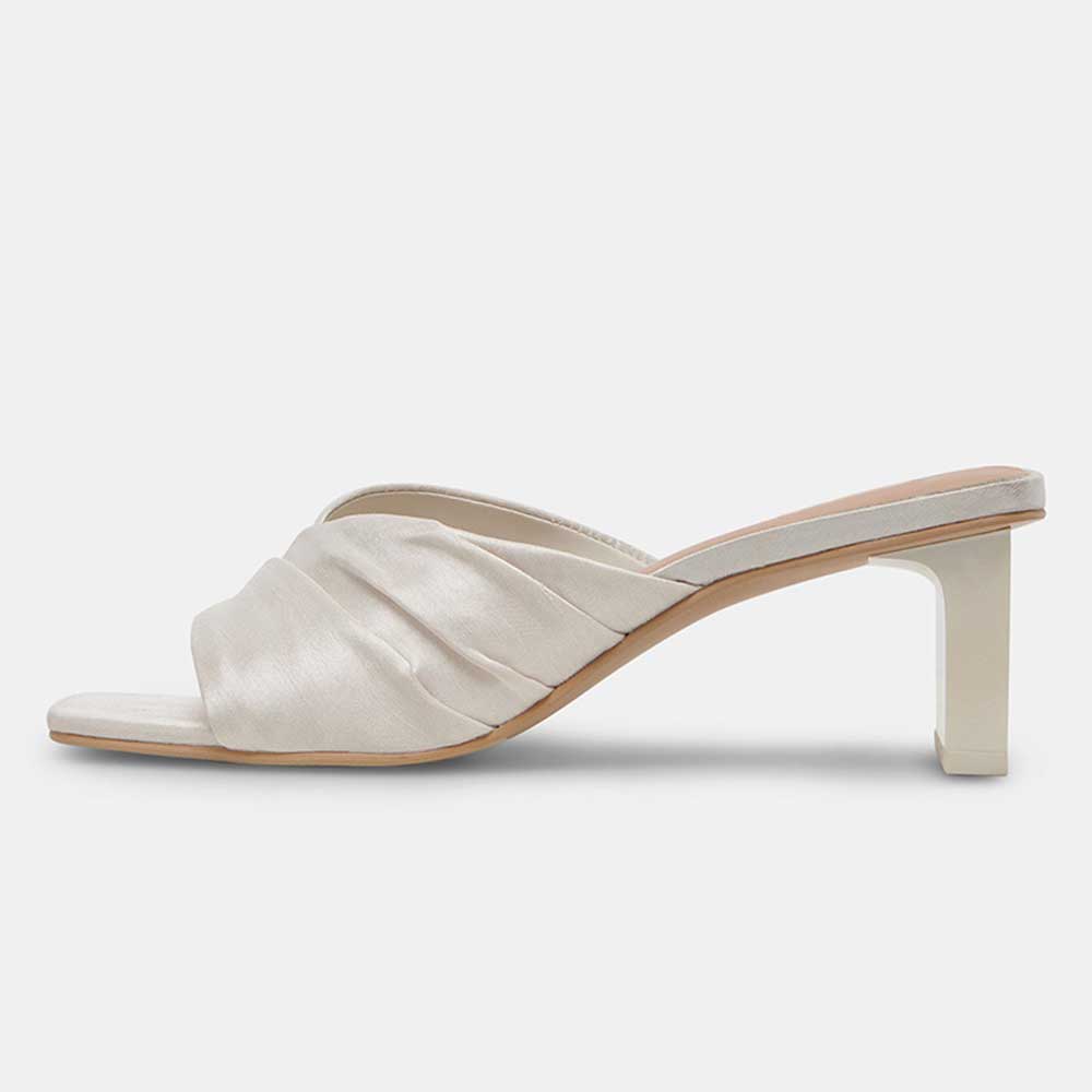 White Satin Square Toe Block Heel Ruched Mule Sandals for Wedding