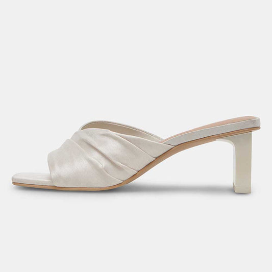 White Satin Square Toe Block Heel Ruched Mule Sandals for Wedding