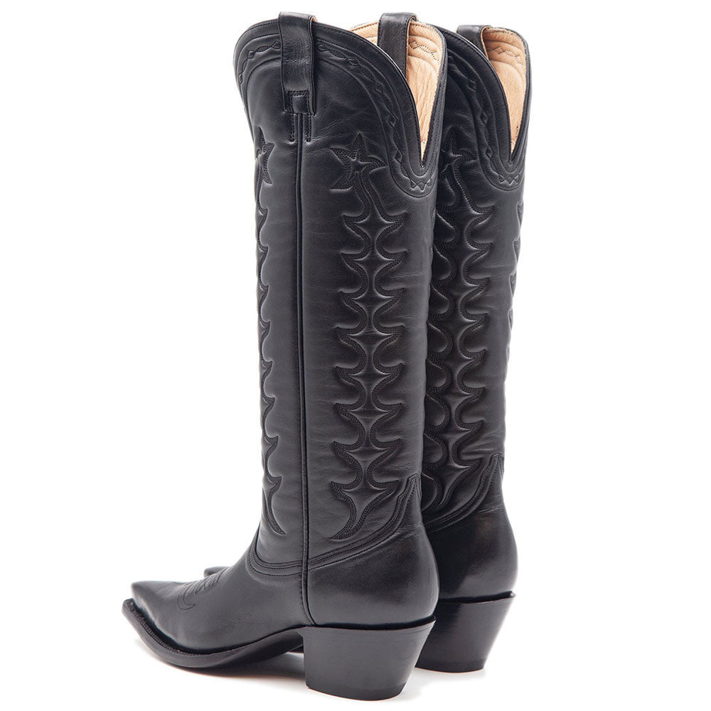 Black Pointy Toe Block Heel Vintage Stitching Western Knee High Boots