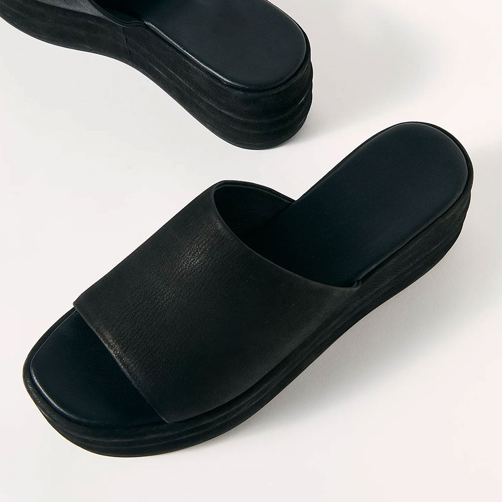 Women's Classic Black Square Toe Platform Wedge Heeled Mules