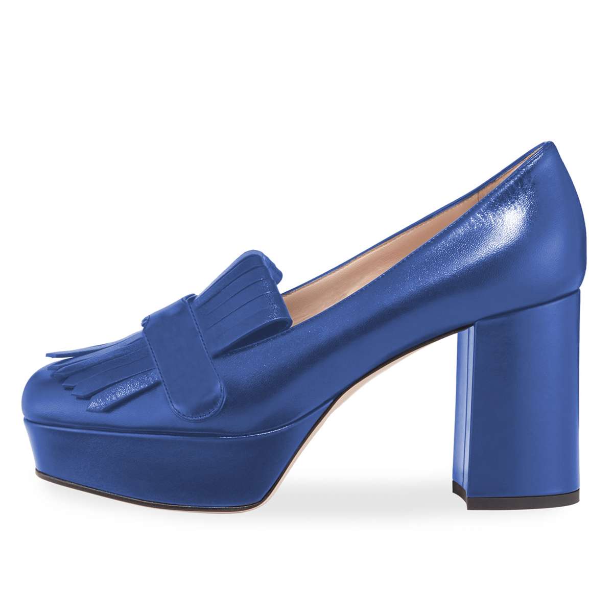 Blue Fringed Square Toe Block Heel Platform Loafers for Women
