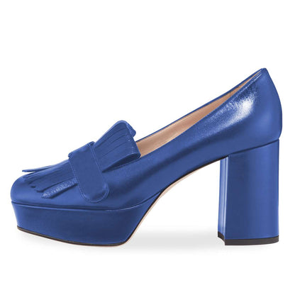 Blue Fringed Square Toe Block Heel Platform Loafers for Women