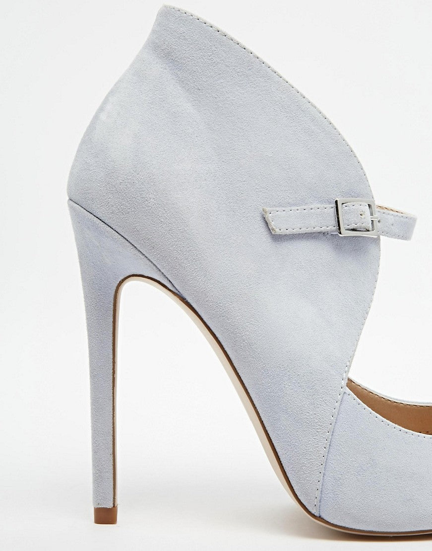 Elegant Light Grey Vegan Suede Pointed Toe Buckle Strap Pumps Heels