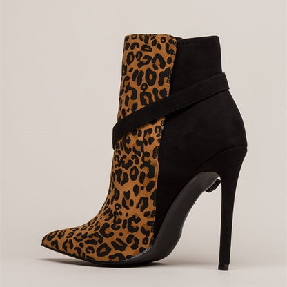 Black & Brown Leopard Print Pointed Toe Stiletto Heel Ankle Boots