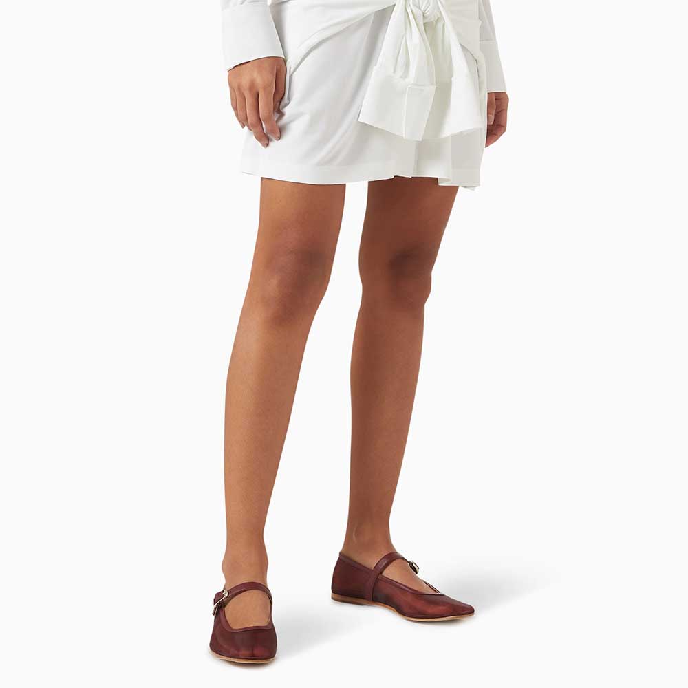 Mesh Square Toe Buckled Strap Mary Jane Ballet Flats in Maroon