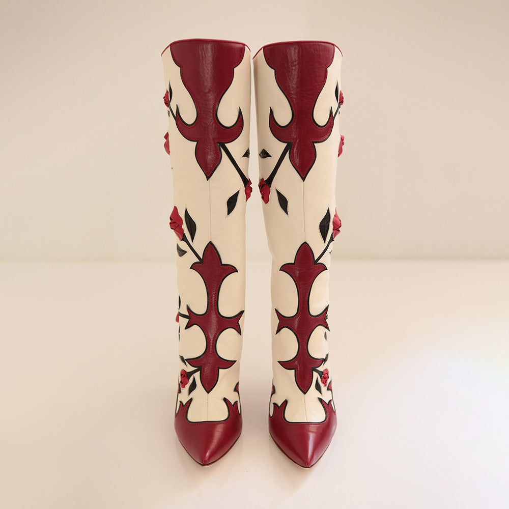 Red and Ivory Pointed Toe Rose Spool Heel Zipper Knee High Boots