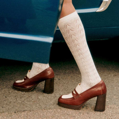 Brown & White Vegan Leather Square Toe Chunky Heel Platform Loafers