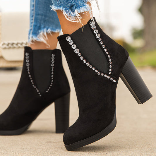 Black Vegan Suede Round Toe Rivets Chunky Heel Chelsea Boots Women