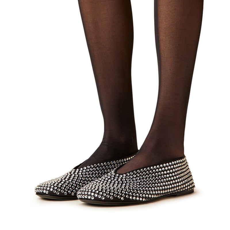 Black Round Toe Rhinestone Embellished Sparkly Flats for Women