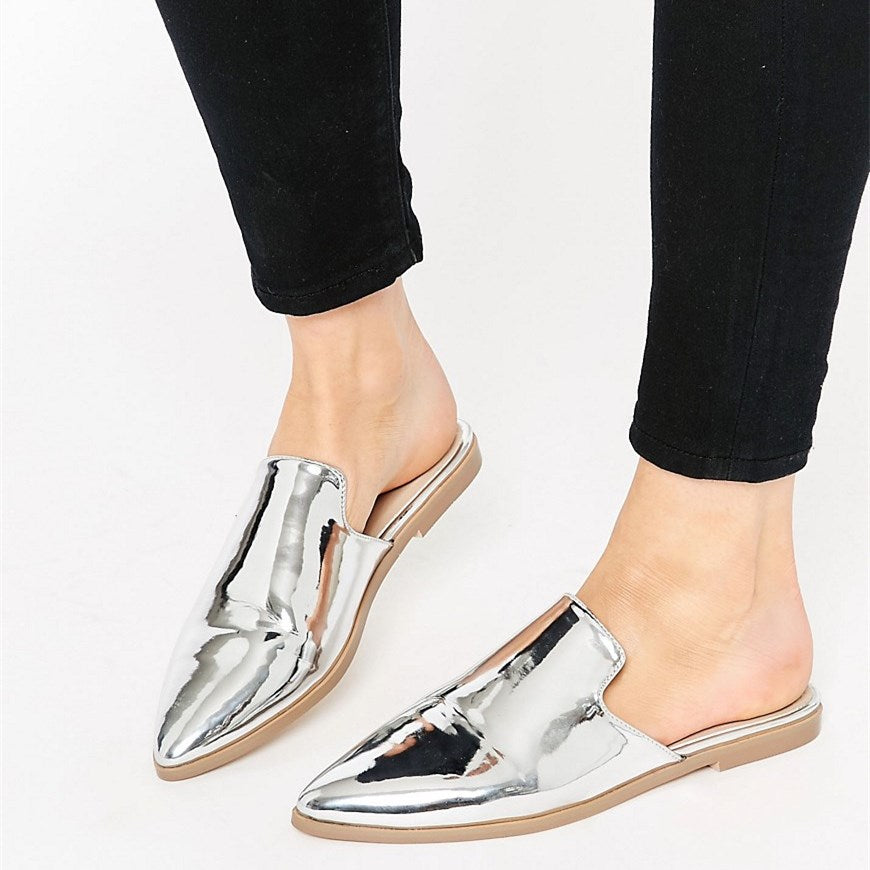 Stylish Metallic Silver Loafer Mules Pointed Toe Flats for Women