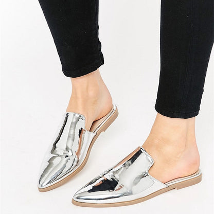 Stylish Metallic Silver Loafer Mules Pointed Toe Flats for Women