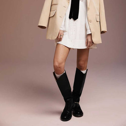 Black Vegan Leather Round Toe Low Heel Knee High Boots for Women