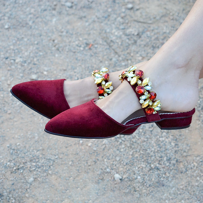 Women's Maroon Velvet Pointed Toe Flat Mules with Rhinestones Strap
