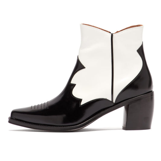Black and White Snip Toe Zipper Block Heel Cowgirl Ankle Boots