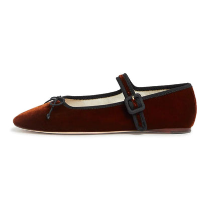 Brown Slip-On Velvet Round Toe Bow Tie Buckle Strap Mary Jane Flats
