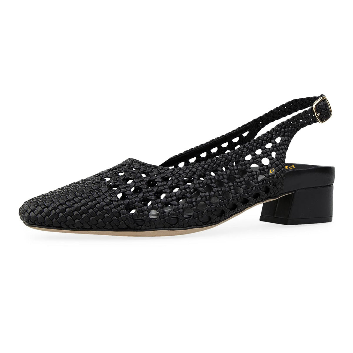 Black Woven Cut Out Square Toe Low Block Heel Buckled Slingback Pumps