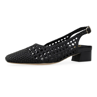 Black Woven Cut Out Square Toe Low Block Heel Buckled Slingback Pumps
