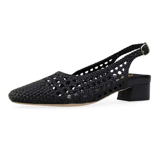 Black Woven Cut Out Square Toe Low Block Heel Buckled Slingback Pumps
