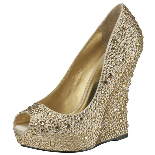 Women's Golden Bridal Shoes Platform Rhinestone Wedge Heels Pumps