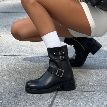Black Round Toe Low Chunky Heel Buckled Ankle Boots