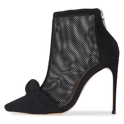 Black Nets Knotted Pointy Toe Stiletto Heel Ankle Boots