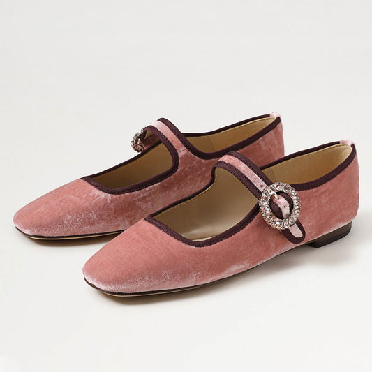 Pink Velvet Square Toe Rhinestone Buckled Strap Mary Jane Flats
