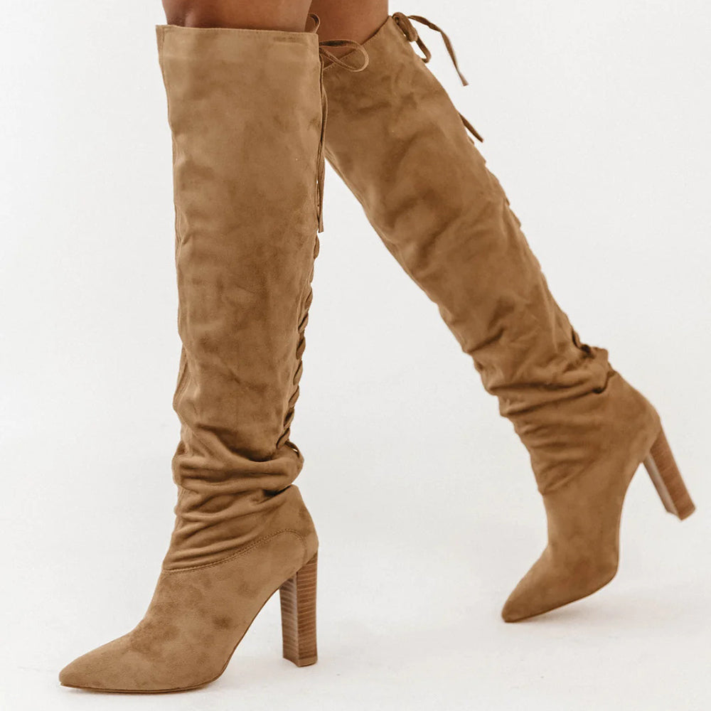Brown Faux Suede Pointed Toe 4'' Chunky Heel Lace Up Knee High Boots