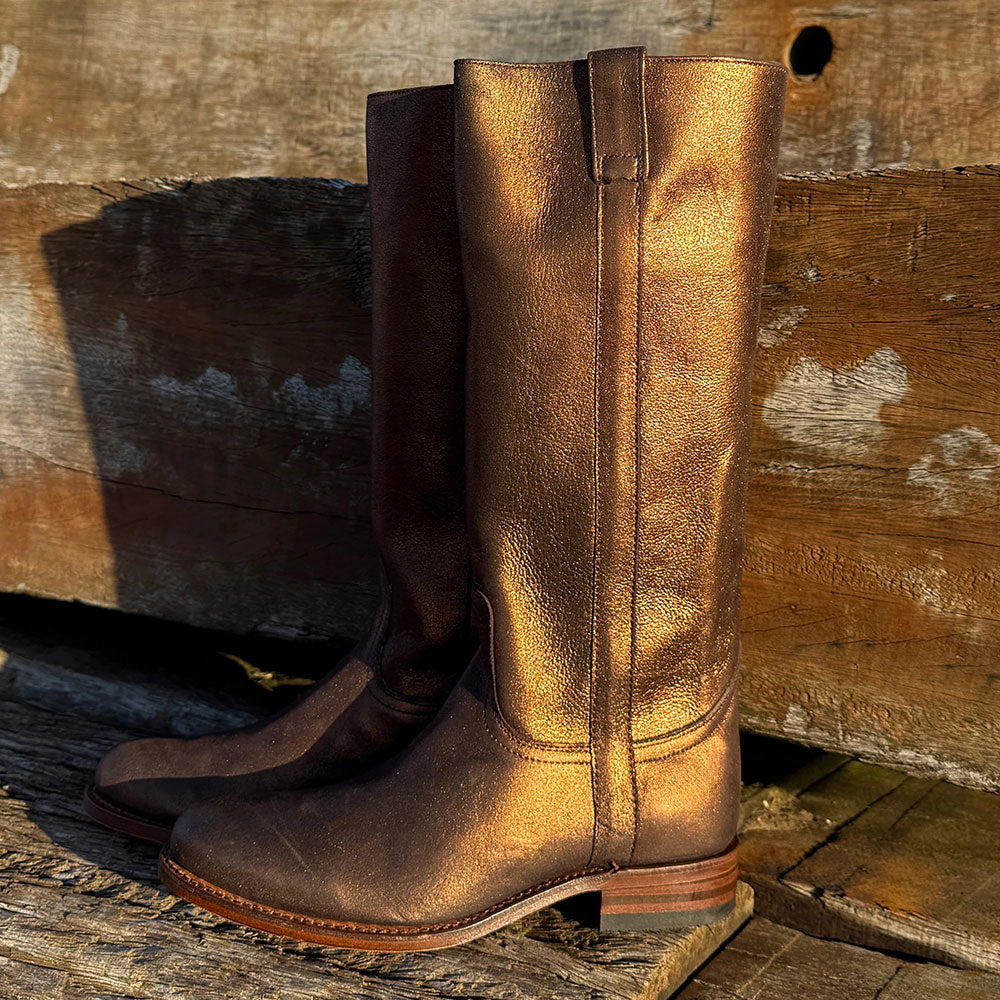 Gold Distressed Metallic Round Toe Chunky Heel Knee High Boots