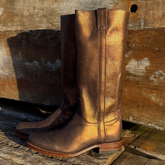 Gold Distressed Metallic Round Toe Chunky Heel Knee High Boots
