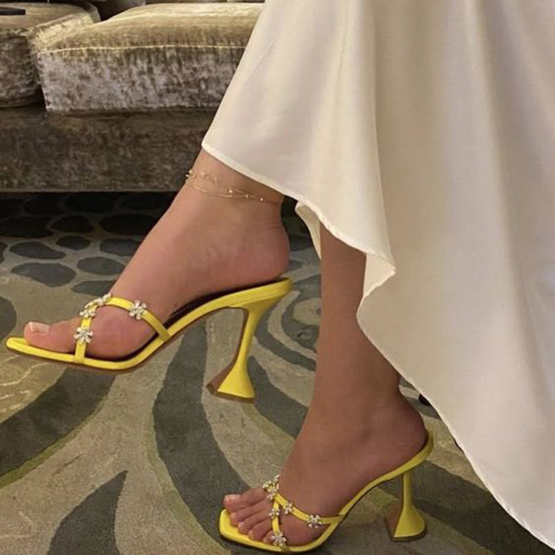 Yellow Satin Square Toe Rhinestone Flared Heel Mules Sandals