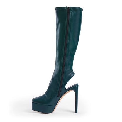 Dark Green Square Toe Backless Chunky Heel Platform Knee High Boots